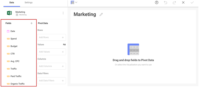 All of the available fields within your data source in Reveal BI